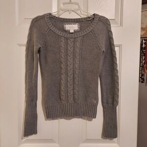American Eagle Womens Grey Cable Knit Cotton Scoop Neck Raglan Sweater Size XXS